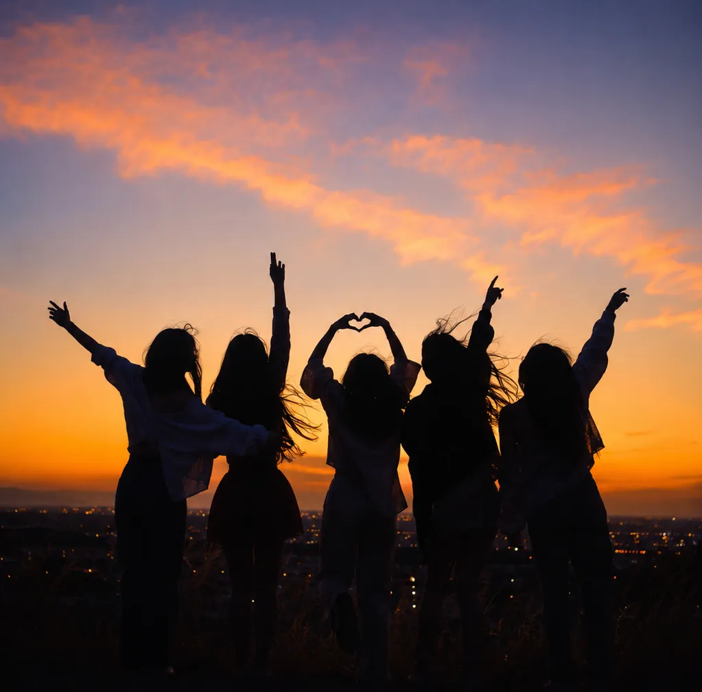 Amigas celebrando juntas al atardecer, una de ellas formando un corazón con las manos
